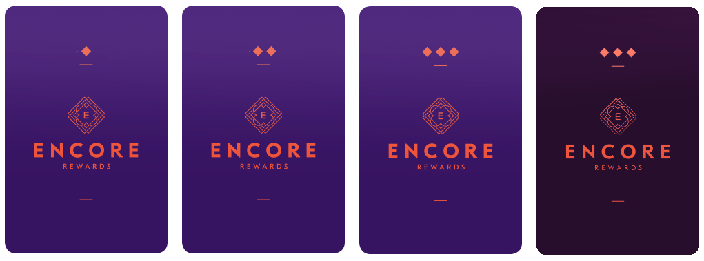 Four purple Encore Rewards cards are shown in a row, each with an orange geometric logo and the text “ENCORE REWARDS.” The cards get progressively darker from left to right, highlighting the exclusive benefits at Casino Vancouver.