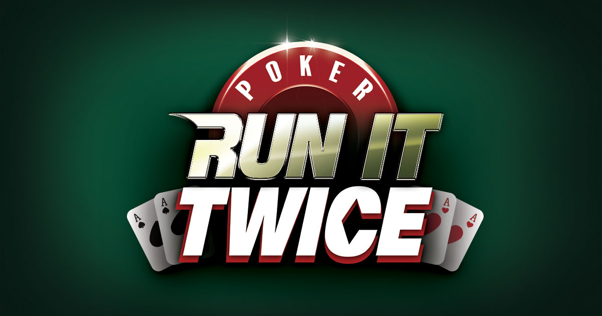 Logo with the words "Poker Run It Twice" in bold, metallic letters on a green background, surrounded by four aces from a pack of cards, two on each side.