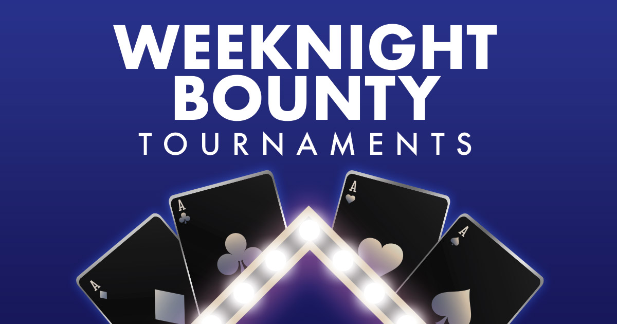 Weeknight Bounty Tournaments text above four playing cards (clubs, spades, hearts, and diamonds) and a lit marquee frame on a blue background.
