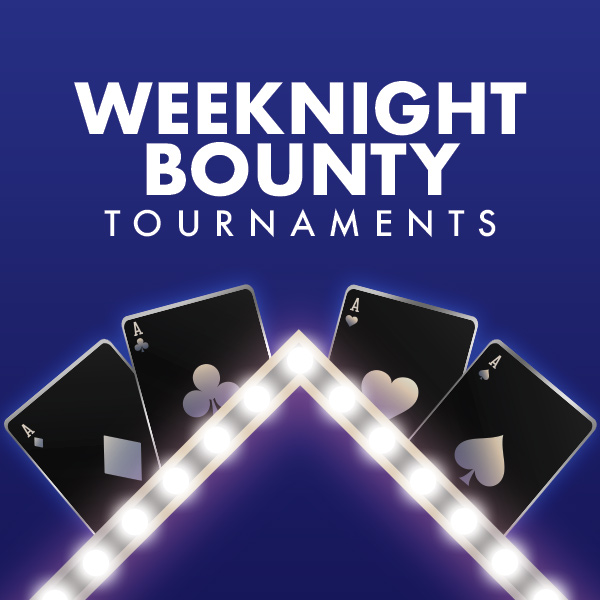 A graphic with the text "Weeknight Bounty Tournaments" above four playing cards—ace of diamonds, clubs, hearts, and spades—arranged behind a lit, glowing V-shaped marquee. The background is a gradient blue.
