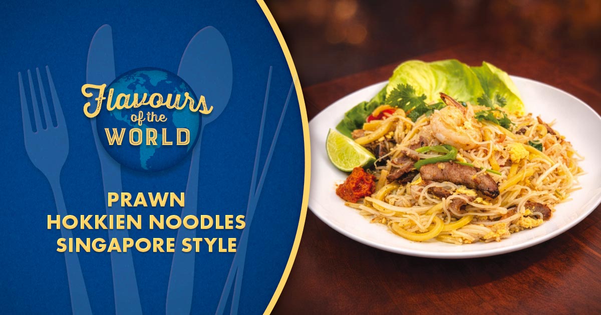 A plate of Singapore-style prawn Hokkien noodles garnished with lime, lettuce, and coriander sits beside the text "Flavours of the World: Prawn Hokkien Noodles Singapore Style"—plus enjoy £9.99 All You Can Eat Pasta on a blue background with cutlery graphics.