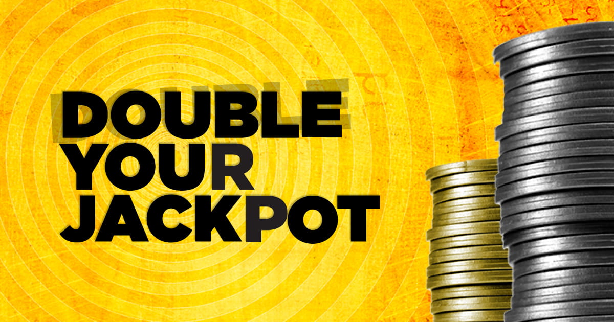 Stacks of gold and silver coins on a bright yellow background with the bold black text “DOUBLE YOUR JACKPOT” to the left of the coins.