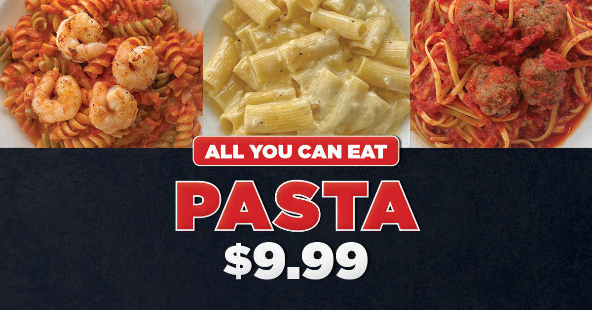 Three plates of pasta—prawn pasta, rigatoni in creamy sauce, and spaghetti with meatballs—tempt your taste buds. Text on a dark background highlights £9.99 All You Can Eat Pasta.