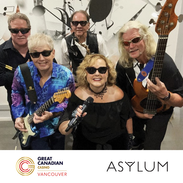 Five older adults wearing sunglasses pose with musical instruments and a microphone, smiling at the camera. The image features logos for Great Canadian Casino Vancouver and Asylum at the bottom.