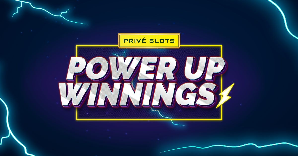 Blue and black background with electric lightning bolts and the words "PRIVÉ SLOTS" above the large text "POWER UP WINNINGS" with a yellow lightning bolt graphic on the right side.