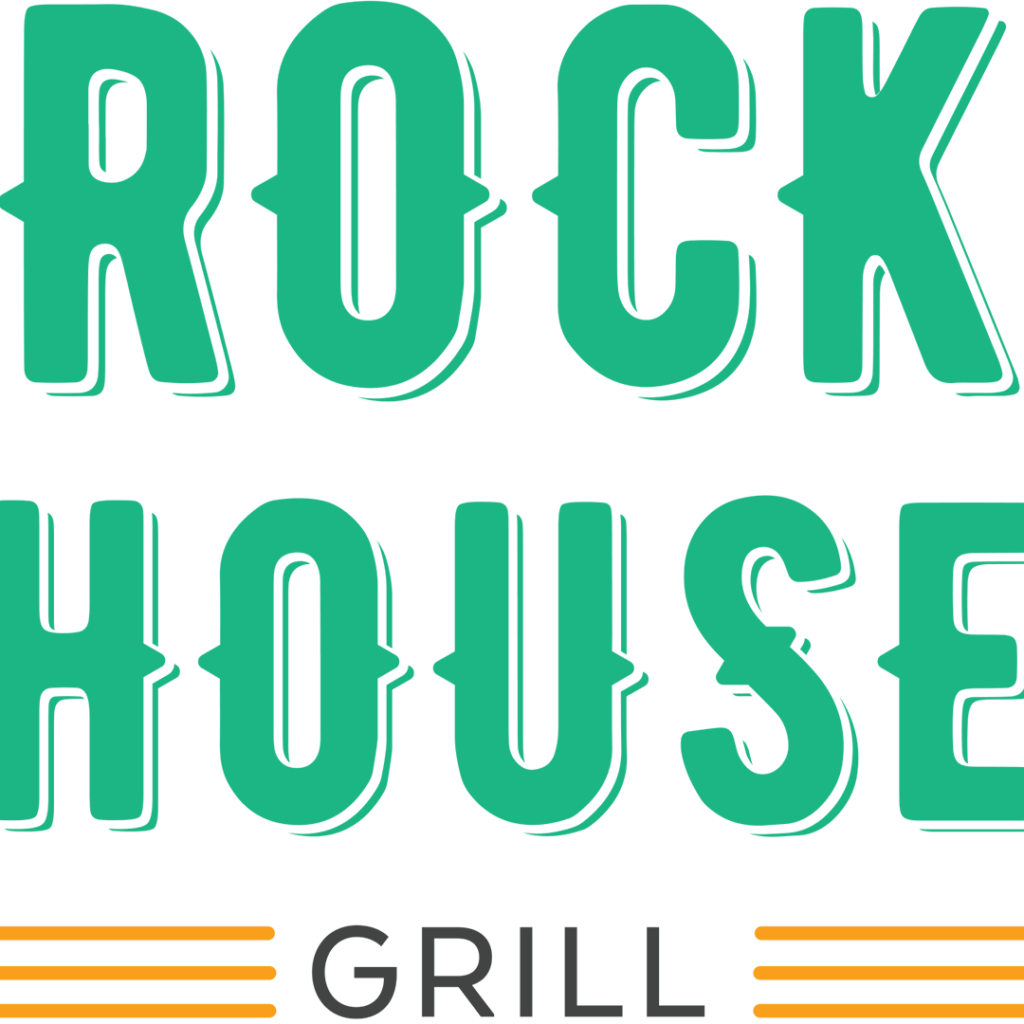Logo with bold green text reading "ROCK HOUSE" stacked above "GRILL" in black, flanked by three orange lines on each side at the bottom. Inspired by Casino Vancouver, the design stands out on a white background.