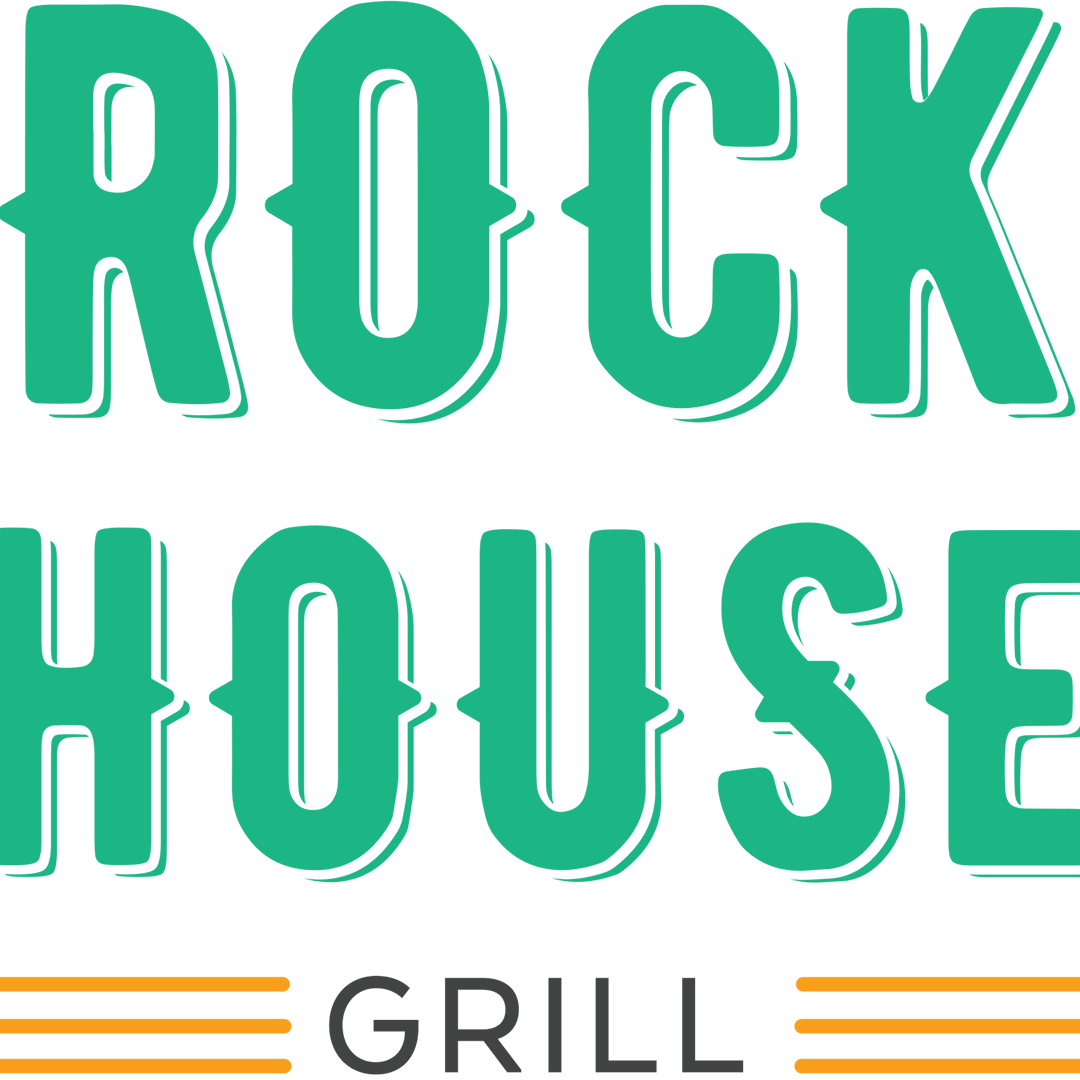 Logo with bold green text reading "ROCK HOUSE" stacked above "GRILL" in black, flanked by three orange lines on each side at the bottom. Inspired by Casino Vancouver, the design stands out on a white background.