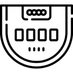 Black and white line drawing of an electric meter with circular and rectangular digital display elements, resembling a half-circle shape—like sleek signage you might spot at Casino Vancouver.