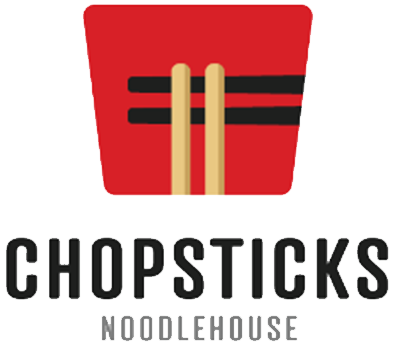 Logo for "Chopsticks Noodlehouse" featuring two yellow chopsticks over a red bowl with two black horizontal lines, styled to evoke Casino Vancouver flair, with the restaurant name in bold black and grey text below.