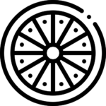 A black and white line drawing of a wheel with spokes and an outer circular design appears partially incomplete, resembling a stylised casino wheel or wagon wheel icon inspired by Casino Vancouver.