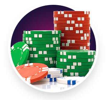 Stacks of green, red, and blue poker chips are arranged on a reflective surface at Great Canadian Casino Vancouver, with a purple gradient background. The chips are neatly piled in various heights, evoking the thrill of poker nights.