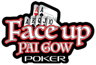 Logo for "Face Up Pai Gow Poker" at Great Canadian Casino Vancouver, featuring playing cards (A, K, Q, J, 10) above bold red and white text on a black background. "Face Up" and "Pai Gow" are in large standout letters.