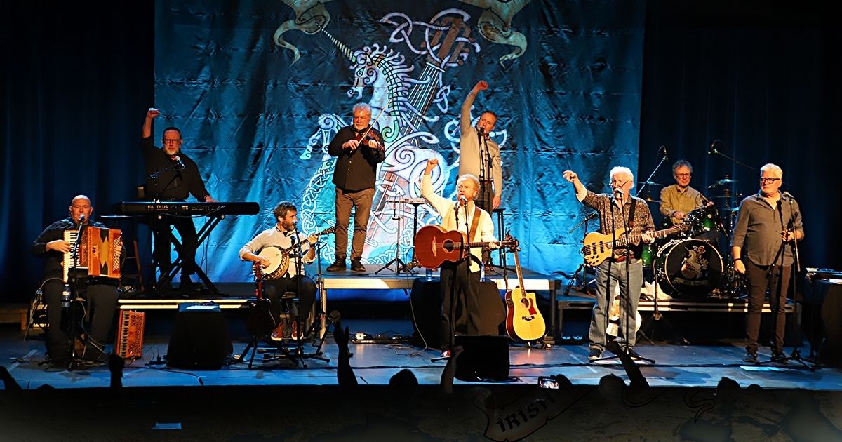 A folk band performs on stage with various instruments including accordion, banjo, guitar, bass, drums, and keyboard; a Celtic-themed backdrop and blue lighting set the scene, as some members raise their arms enthusiastically.