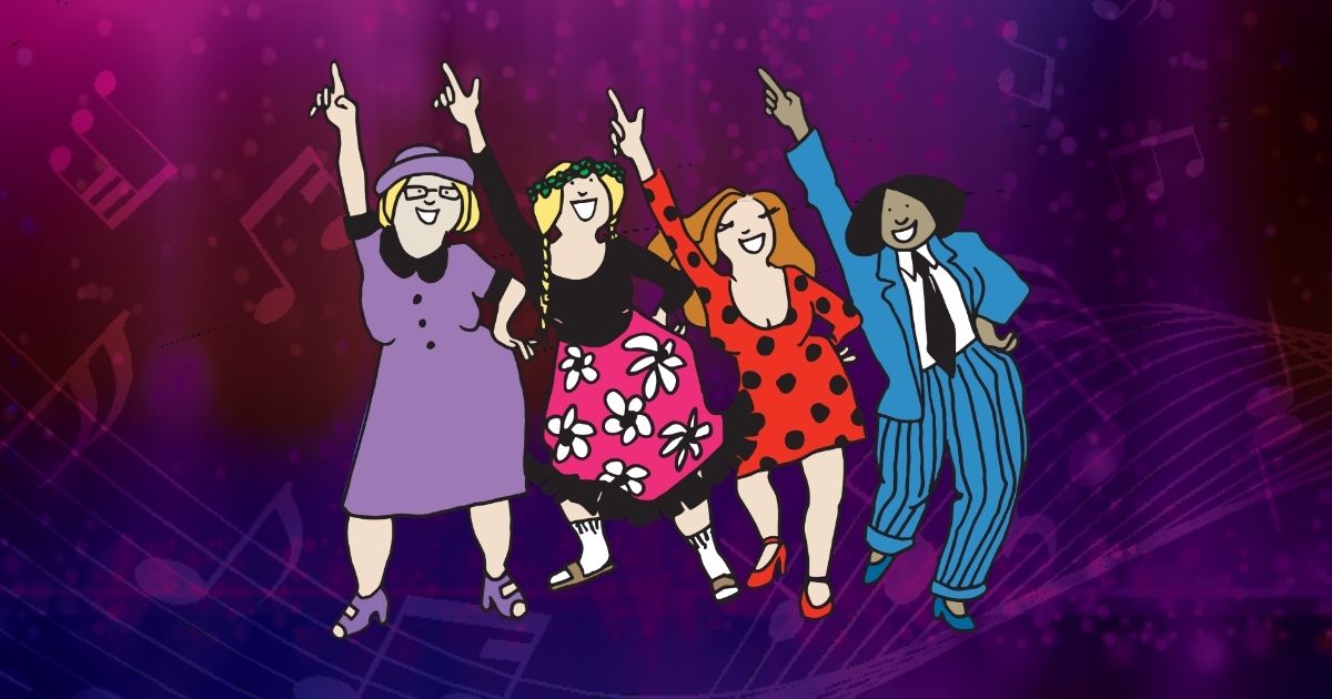 Four cartoon women in colourful outfits dance joyfully with one arm raised against a purple, musical-themed background with notes and swirling lines.