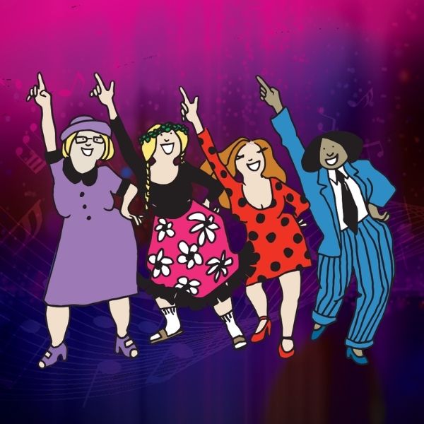 Four joyful women in colourful outfits dance with one arm raised against a vibrant pink and purple background with faint music notes.
