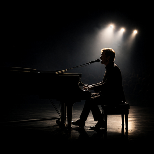 A person sits at a grand piano on a dark stage, singing into a microphone, illuminated by dramatic stage lights in the background.