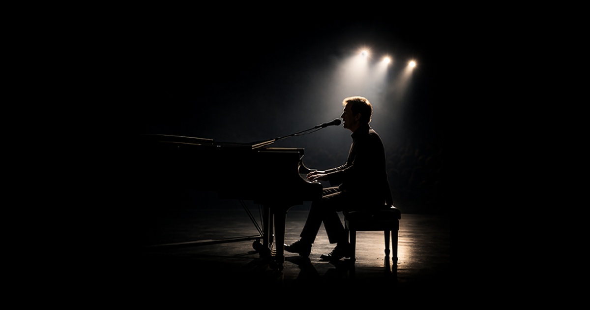 A person sits at a grand piano, singing into a microphone on a dark stage, illuminated by dramatic spotlights from above.