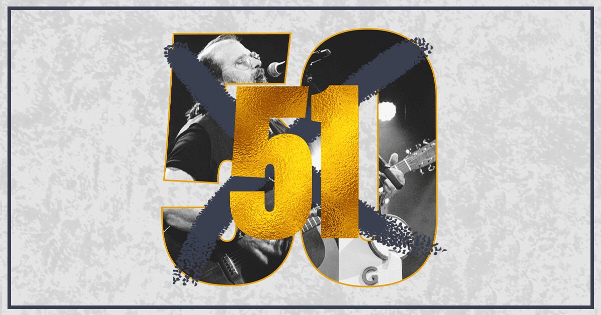 A greyscale image of a musician singing and playing guitar is overlaid with large gold numbers "51" and the outline of a number "50" crossed out in dark blue. A thin grey border surrounds the image.