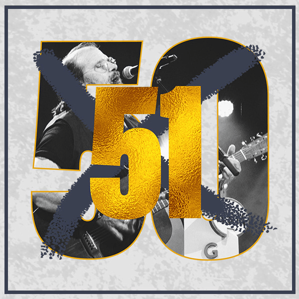 Black and white photo of a man singing and playing guitar, overlaid with a large gold "51" and a crossed-out "50" in dark blue, all on a textured grey background.