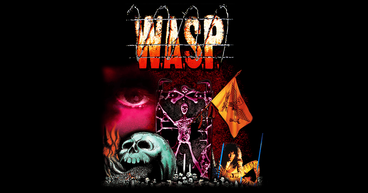 Band art for W.A.S.P. featuring a barbed wire logo, a red eye, a skull, a skeleton on a cross, a figure holding an orange flag, and dark, dramatic imagery on a black background.