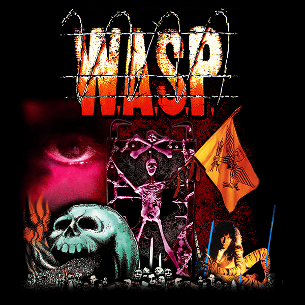 An album cover featuring the band name "W.A.S.P." in bold letters with barbed wire, a red eye, a skull, a chained skeletal figure, a field of skulls, an orange flag, and a person holding a sword against a dark background.