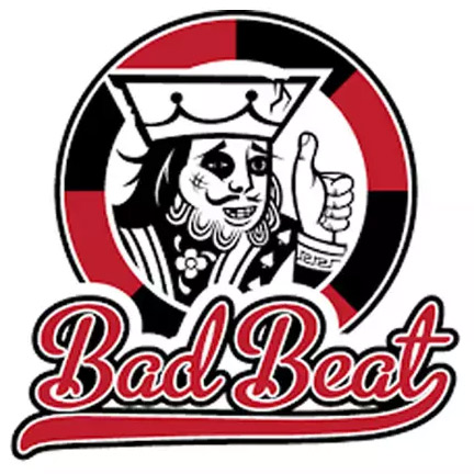 A cartoon-style poker king with a black eye gives a thumbs up inside a red and black poker chip circle. Below him, “Bad Beat” appears in bold, red script—perfect for any Poker fan at Great Canadian Casino Vancouver.